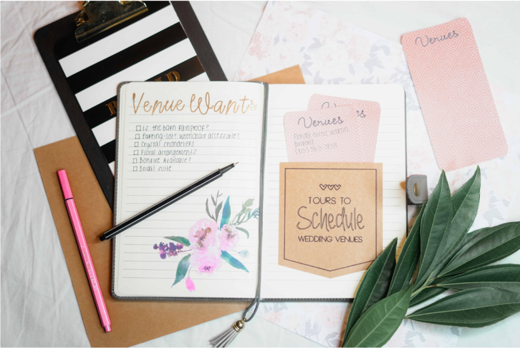 Layout of a note book and other wedding planning tools.