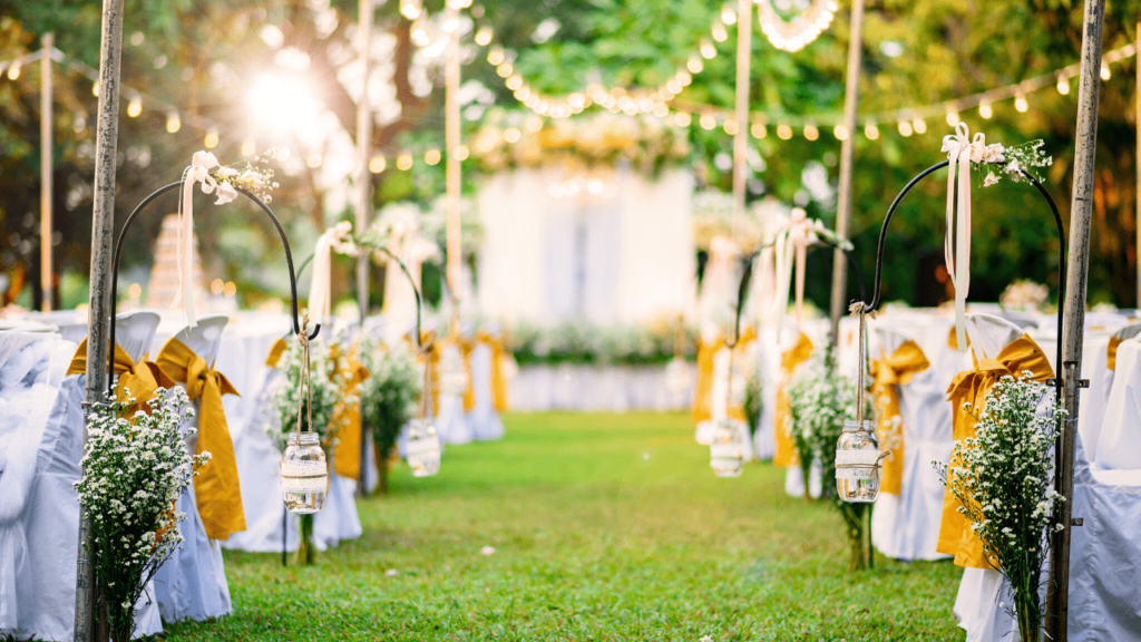 An elegantly decorated wedding venue that's outside