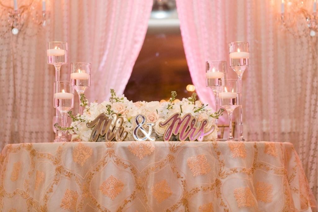 Decorations on a table at a wedding venue